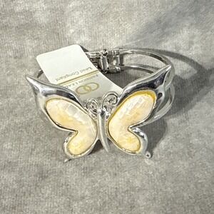 Fashion Leader Bangle Bracelet Silvertone Faux Mother Of Pearl